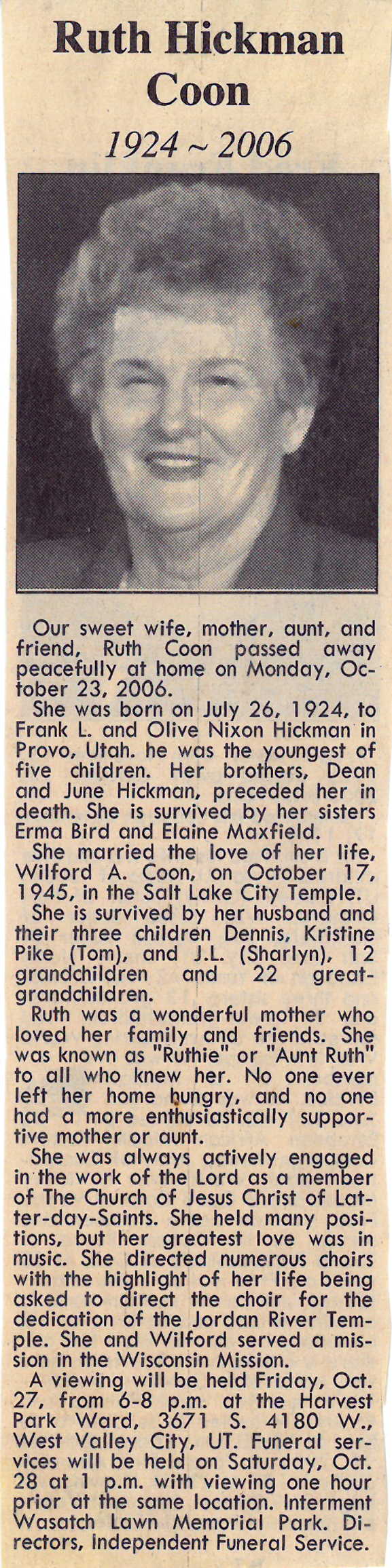 Ruth Hickman Coon Obituary