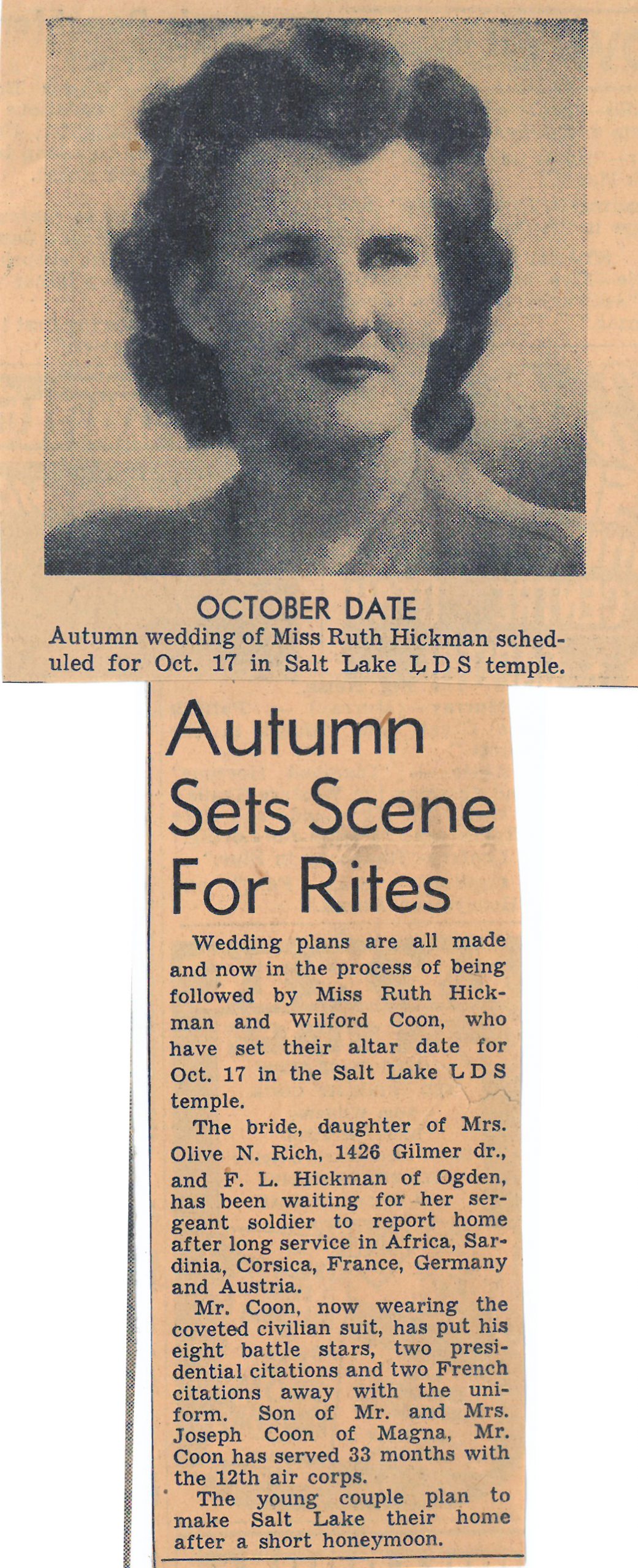 Ruth Hickman Wedding Announcement in paper